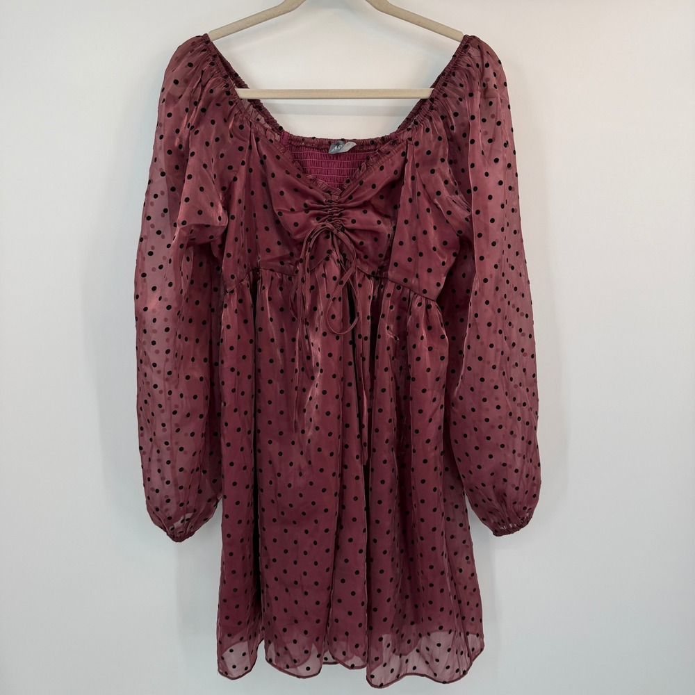 Arula Burgundy Polka Dot Mini Dress Long Balloon Sleeve Smocked Back Wine Size X